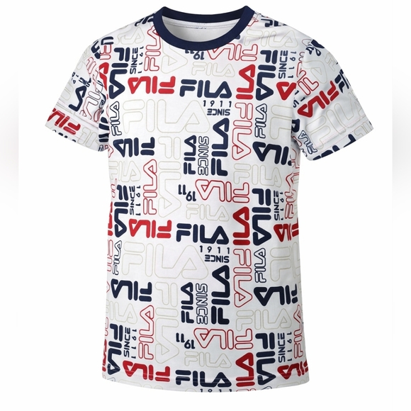 FILA Kids All-Over Logo Print T-Shirt White Red Black | Classic Athletic Tee - Picture 3 of 10